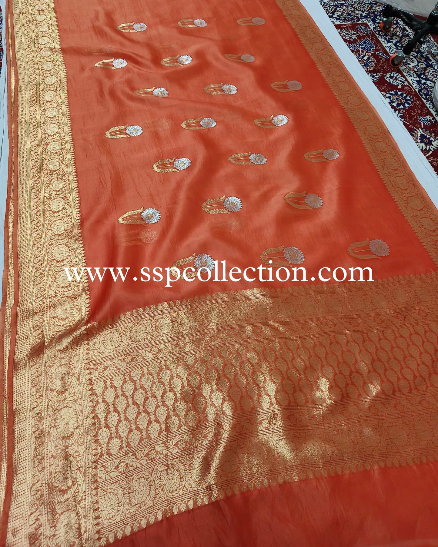 Burnt-Orange Pure Kora Silk Banarasi Saree