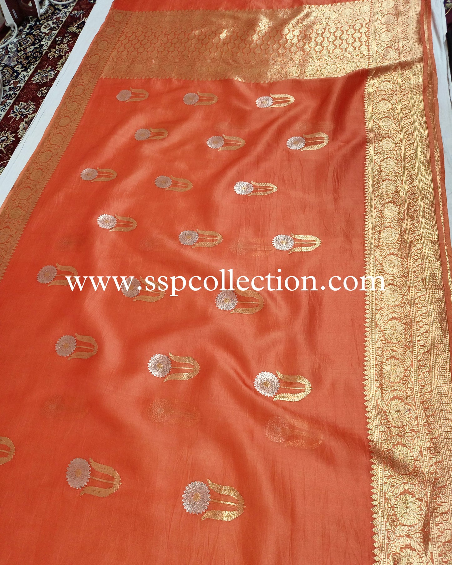 Burnt-Orange Pure Kora Silk Banarasi Saree