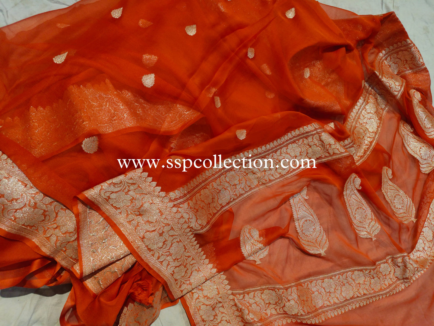 Burnt-Orange Pure Khaddi Chiffon Banarasi Saree