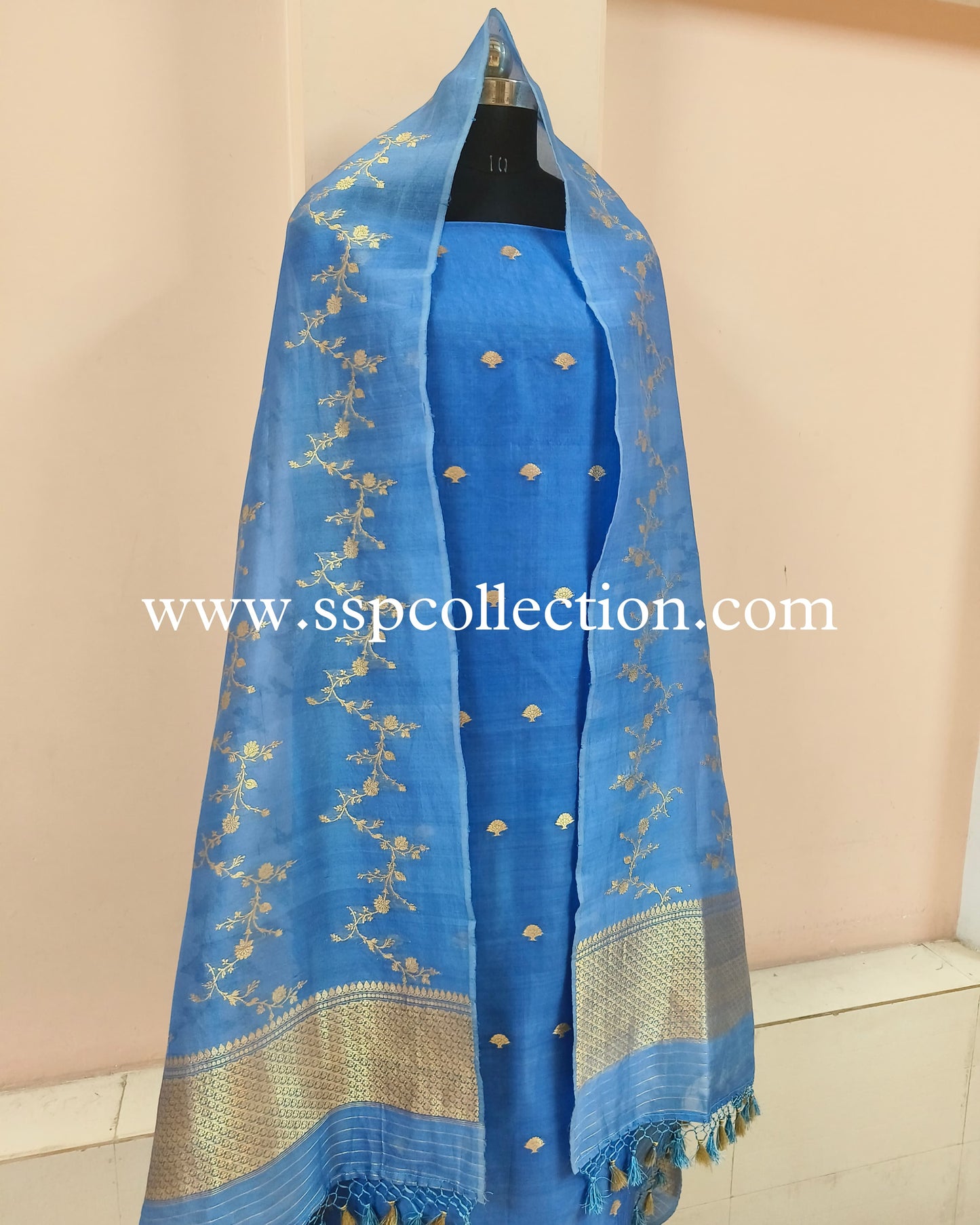 Sky-Blue Pure Kora Silk Banarasi Suit