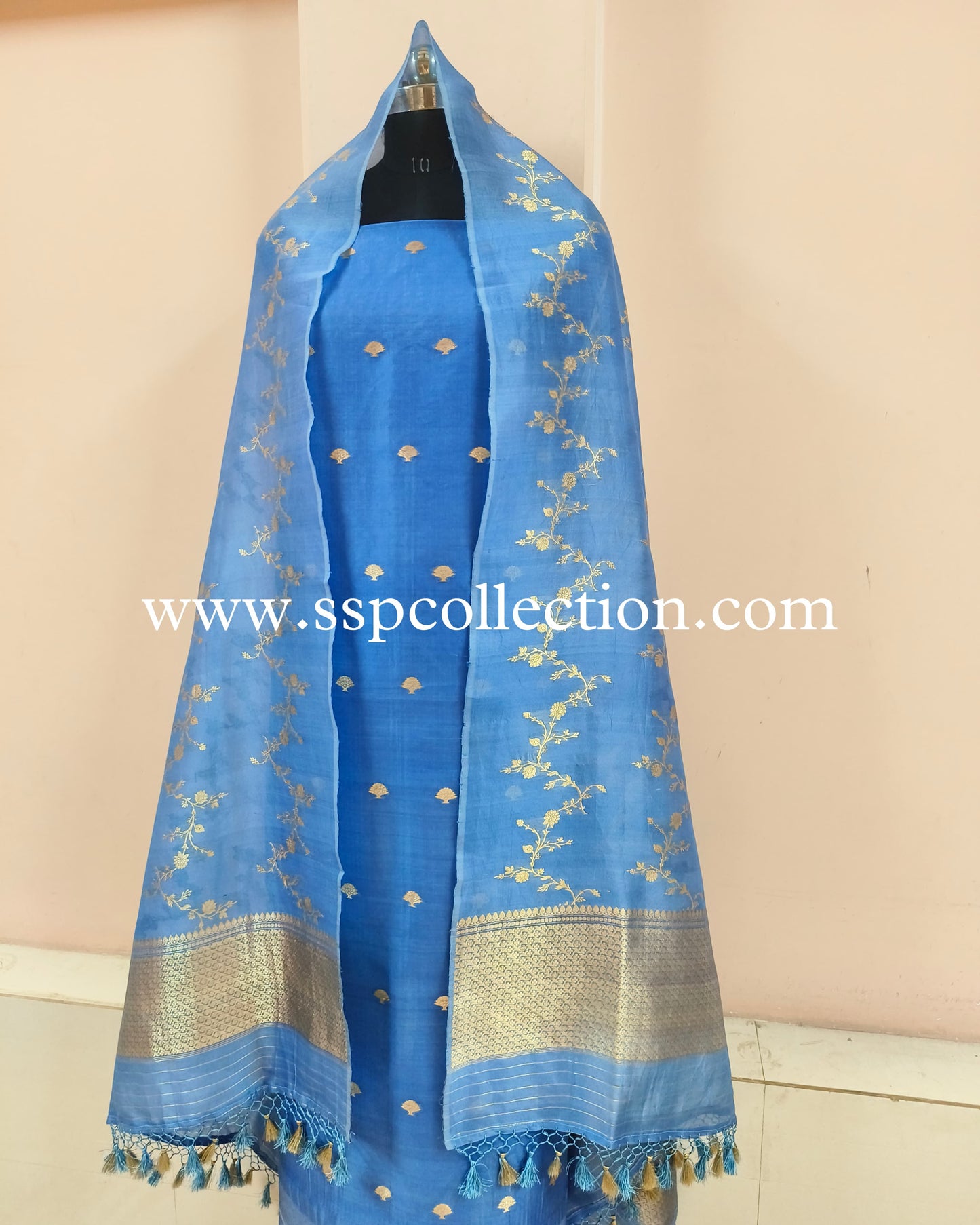 Sky-Blue Pure Kora Silk Banarasi Suit