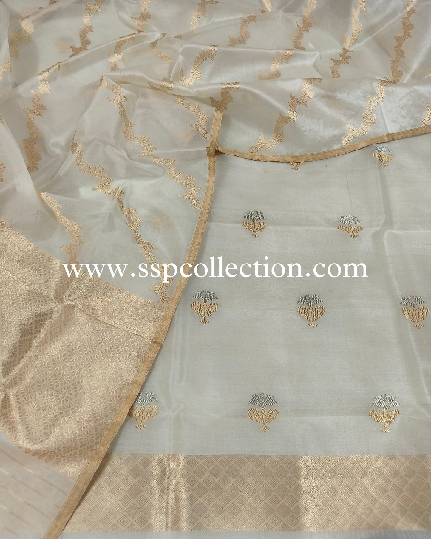 White Pure Kora Silk Banarasi Suit