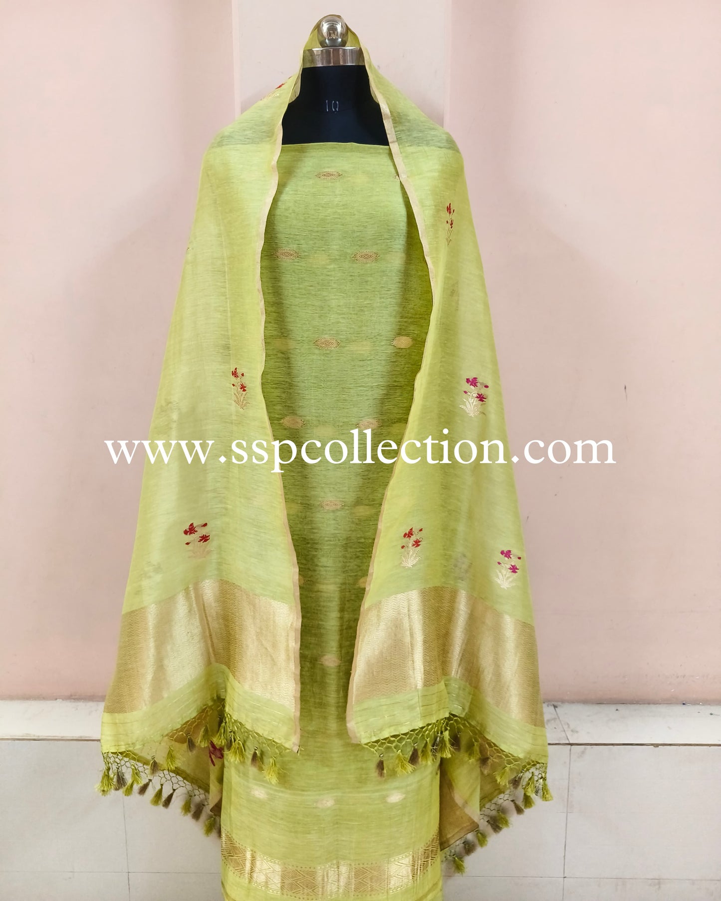 Light-Green Pure Linen Silk Banarasi Suit