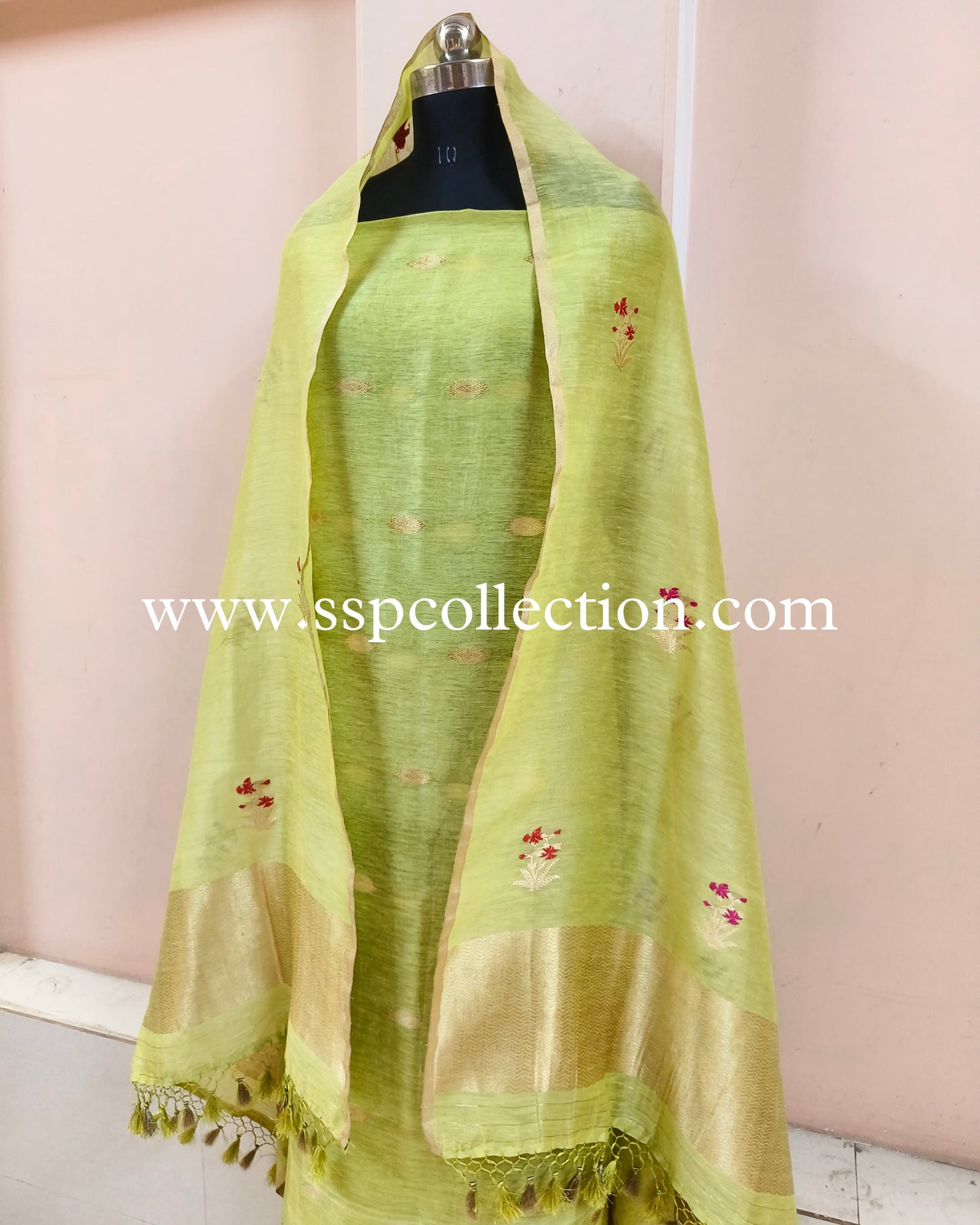 Light-Green Pure Linen Silk Banarasi Suit