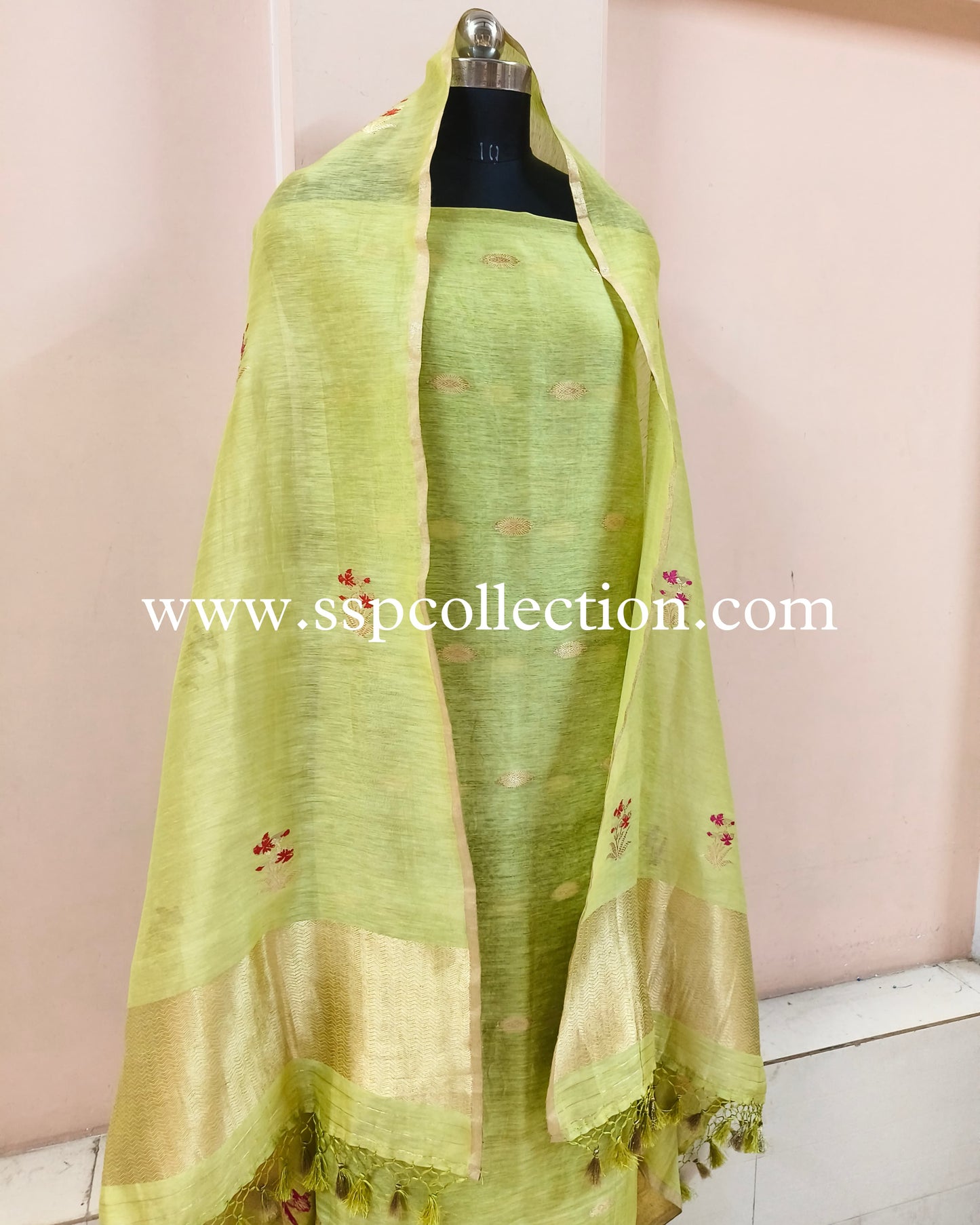 Light-Green Pure Linen Silk Banarasi Suit