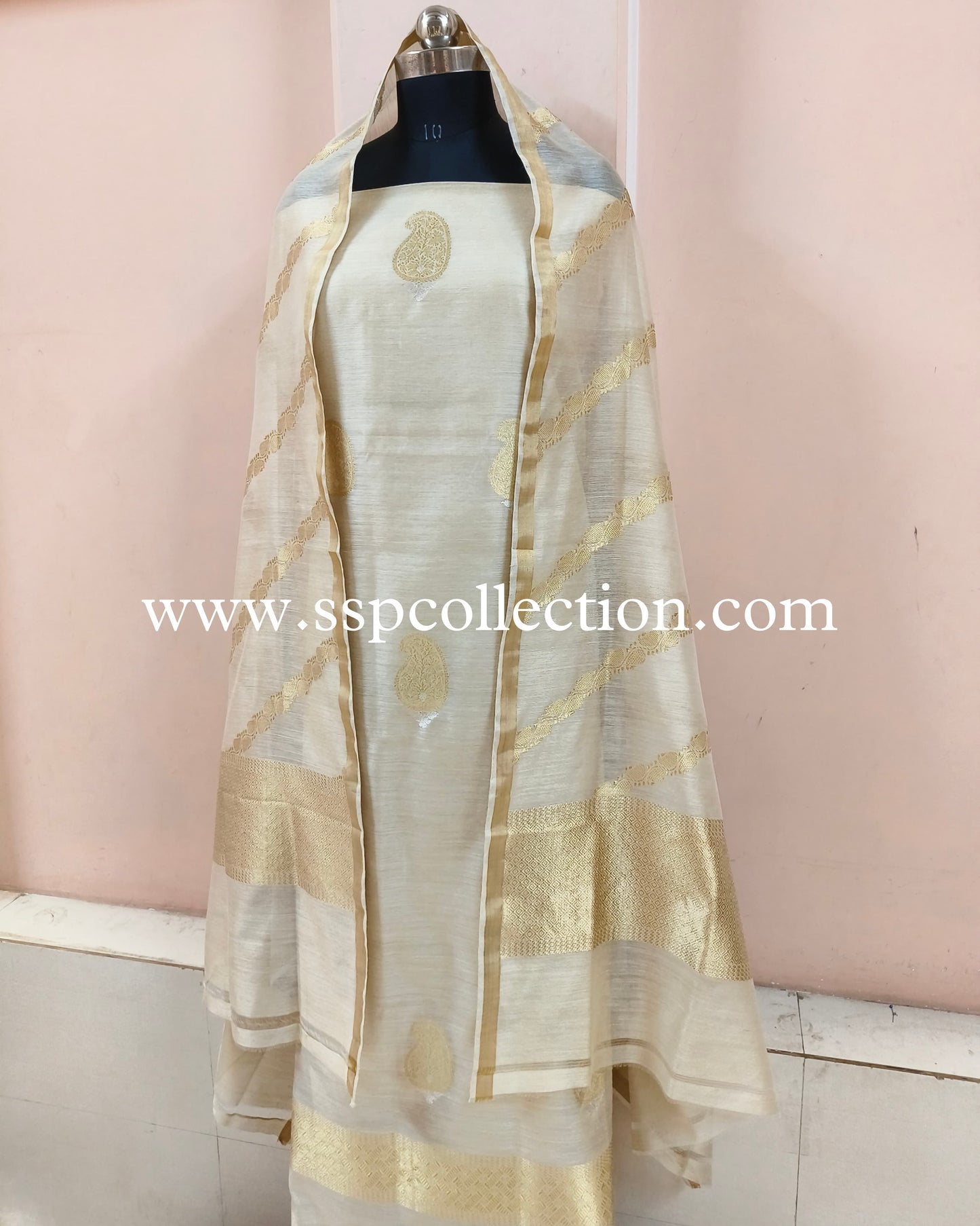 Beige Pure Moonga Silk Banarasi Suit