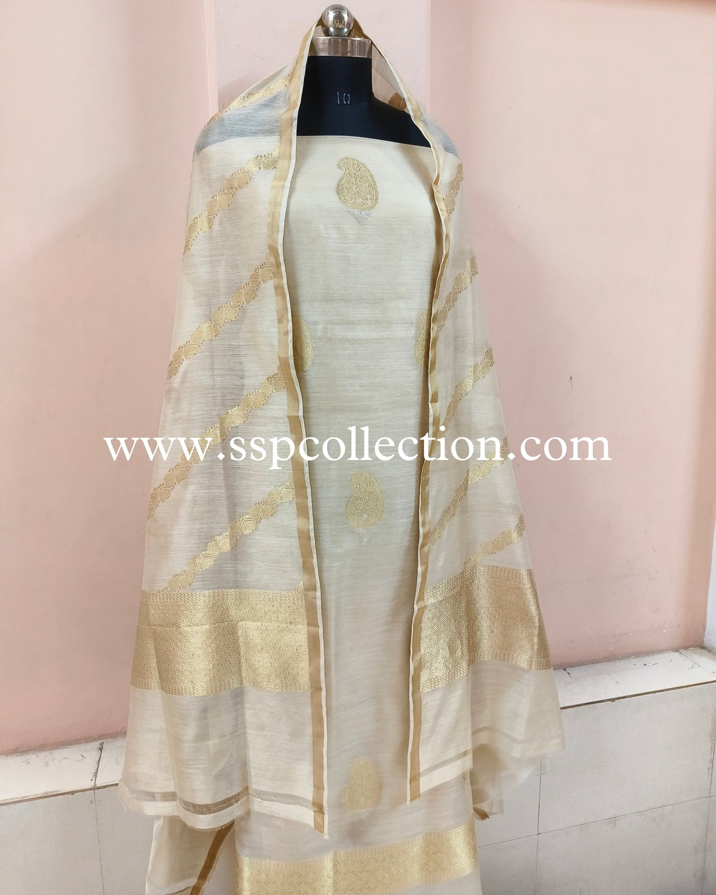 Beige Pure Moonga Silk Banarasi Suit