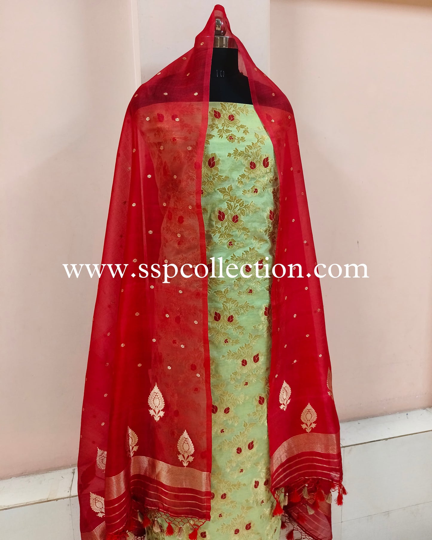 Green-Red Contrast Premium Banarasi Suit