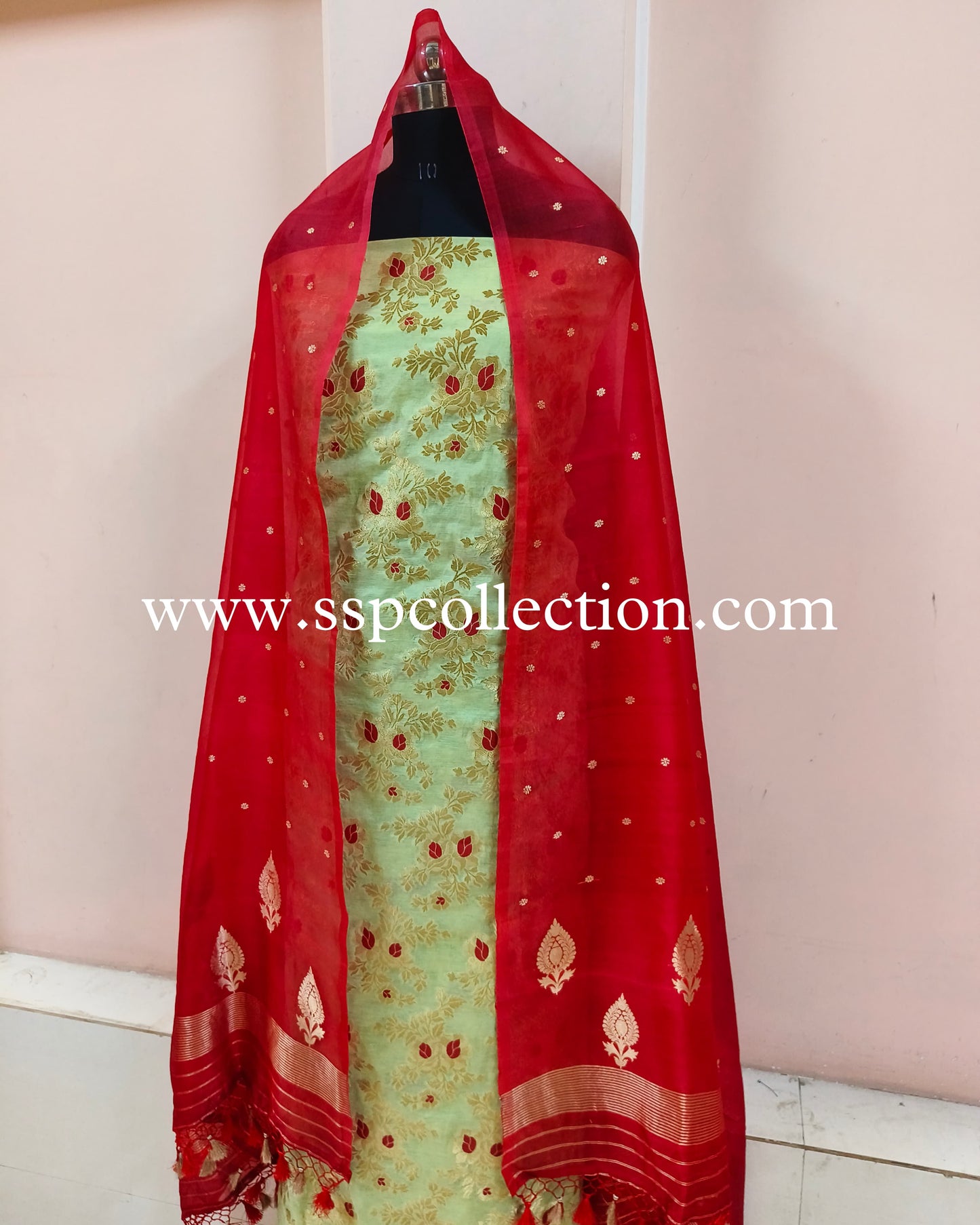 Green-Red Contrast Premium Banarasi Suit