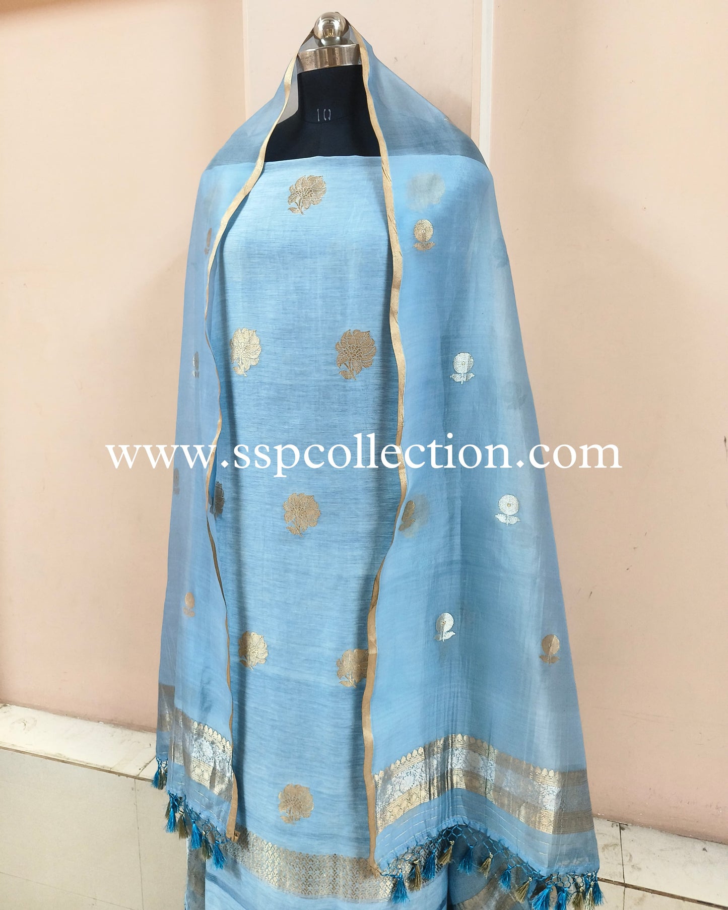 Light-Blue Pure Handwoven Banarasi Suit