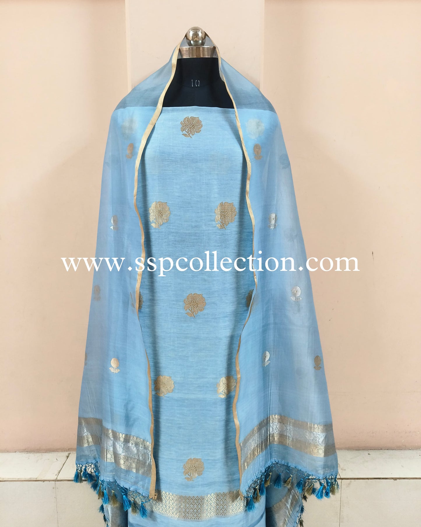 Light-Blue Pure Handwoven Banarasi Suit