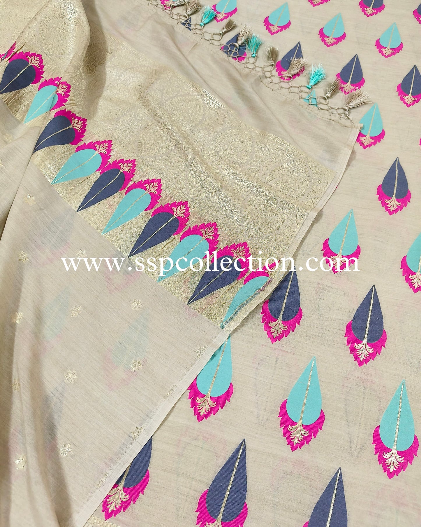 Beige Pure Moonga Silk Tilfi Banarasi Suit