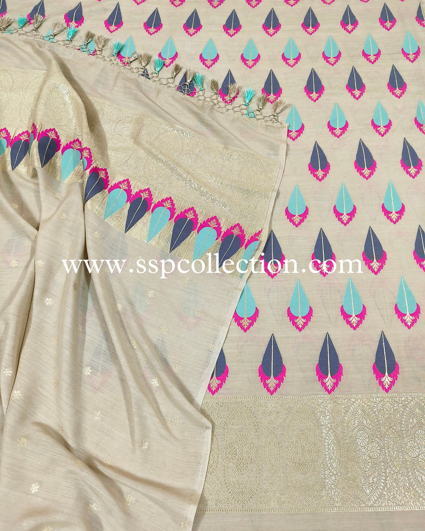 Beige Pure Moonga Silk Tilfi Banarasi Suit