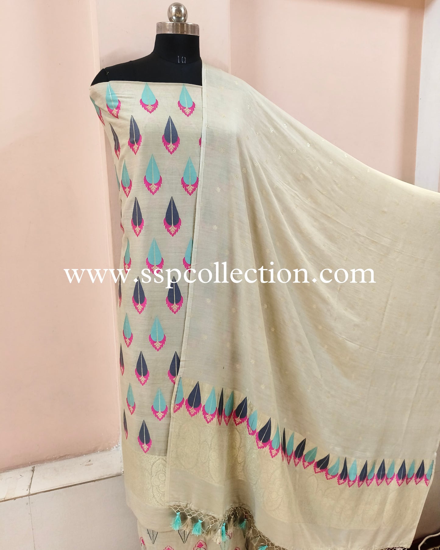 Beige Pure Moonga Silk Tilfi Banarasi Suit