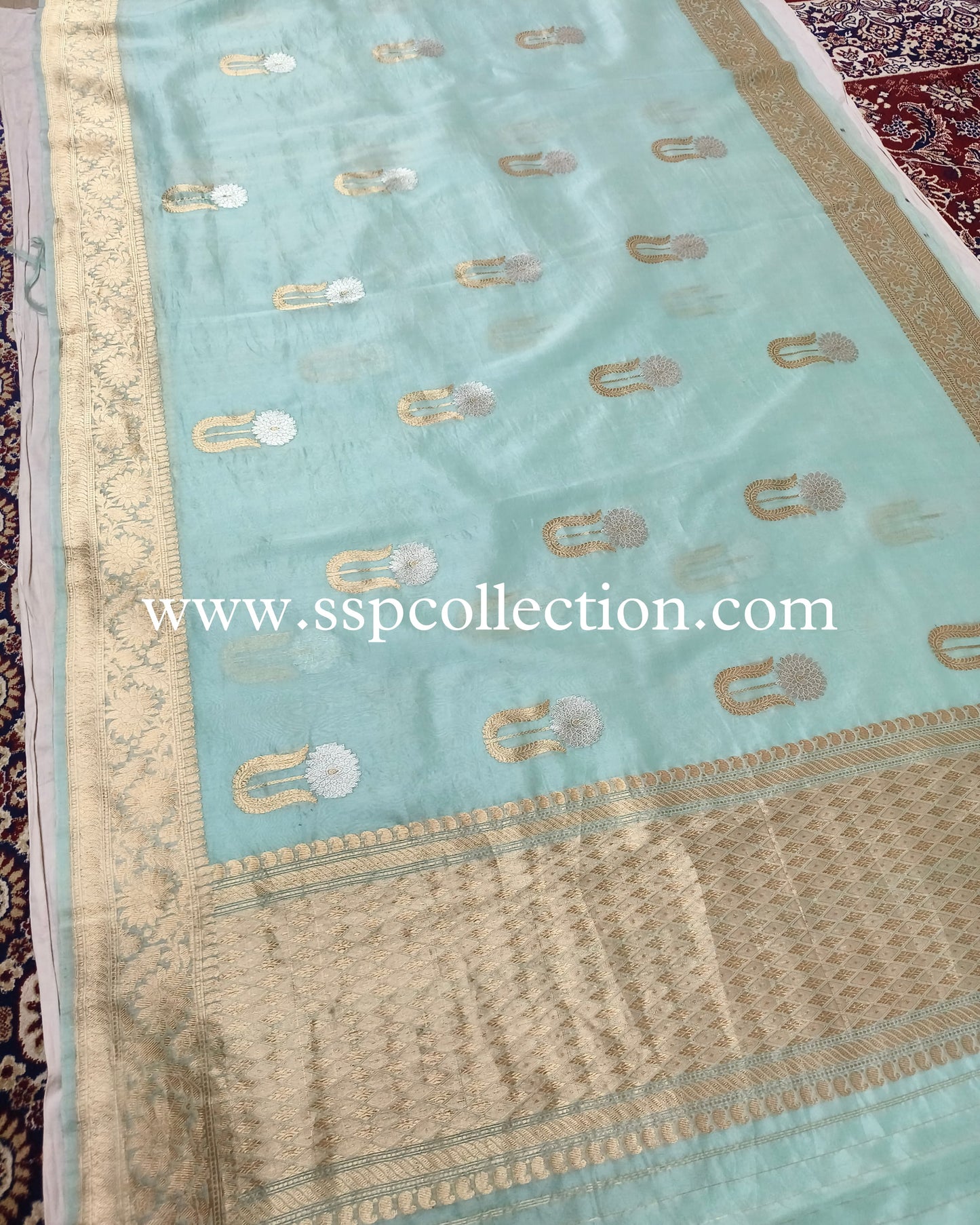 Powder-Blue Pure Kora Silk Banarasi Saree