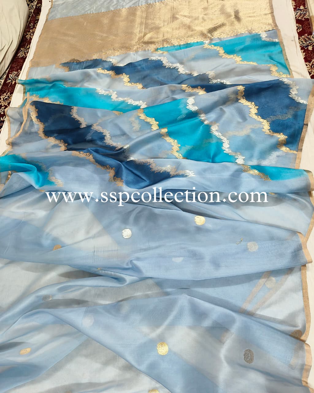 Light-Blue-Grey Pure Kora Silk Rangkaat Banarasi Saree