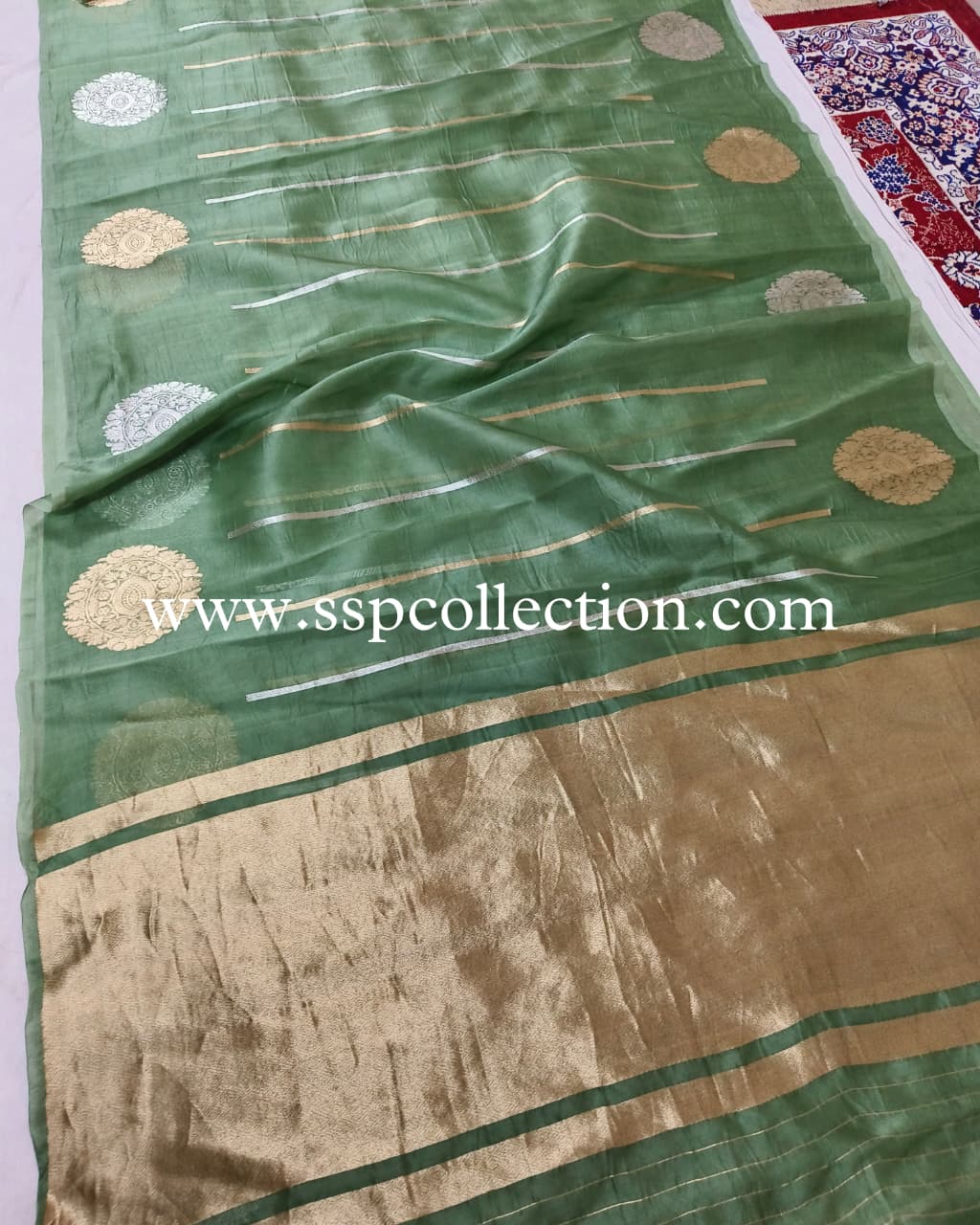 Hazel-Green Pure Kora Silk Banarasi Saree