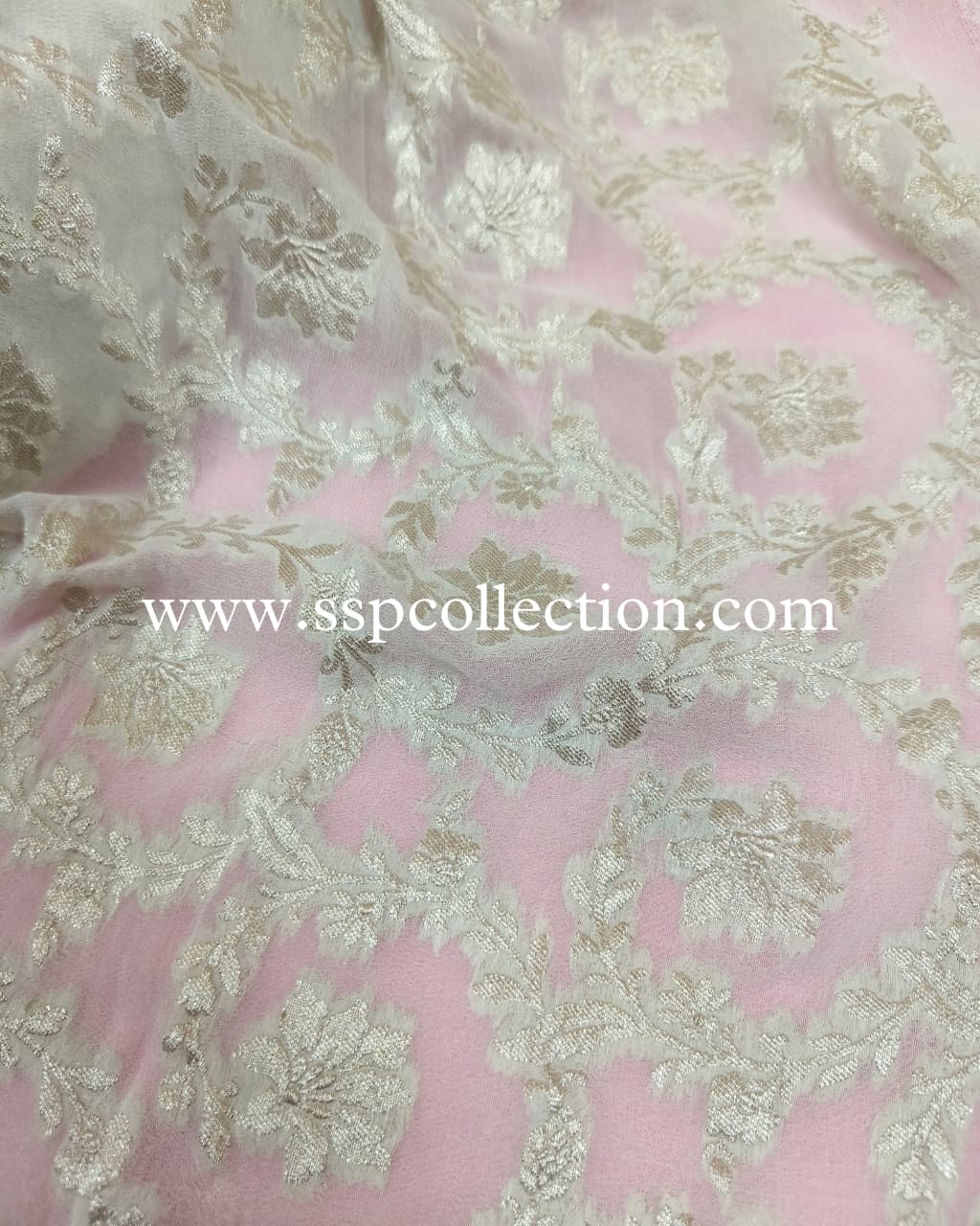 White Pure Georgette Silver Zari Banarasi Fabric