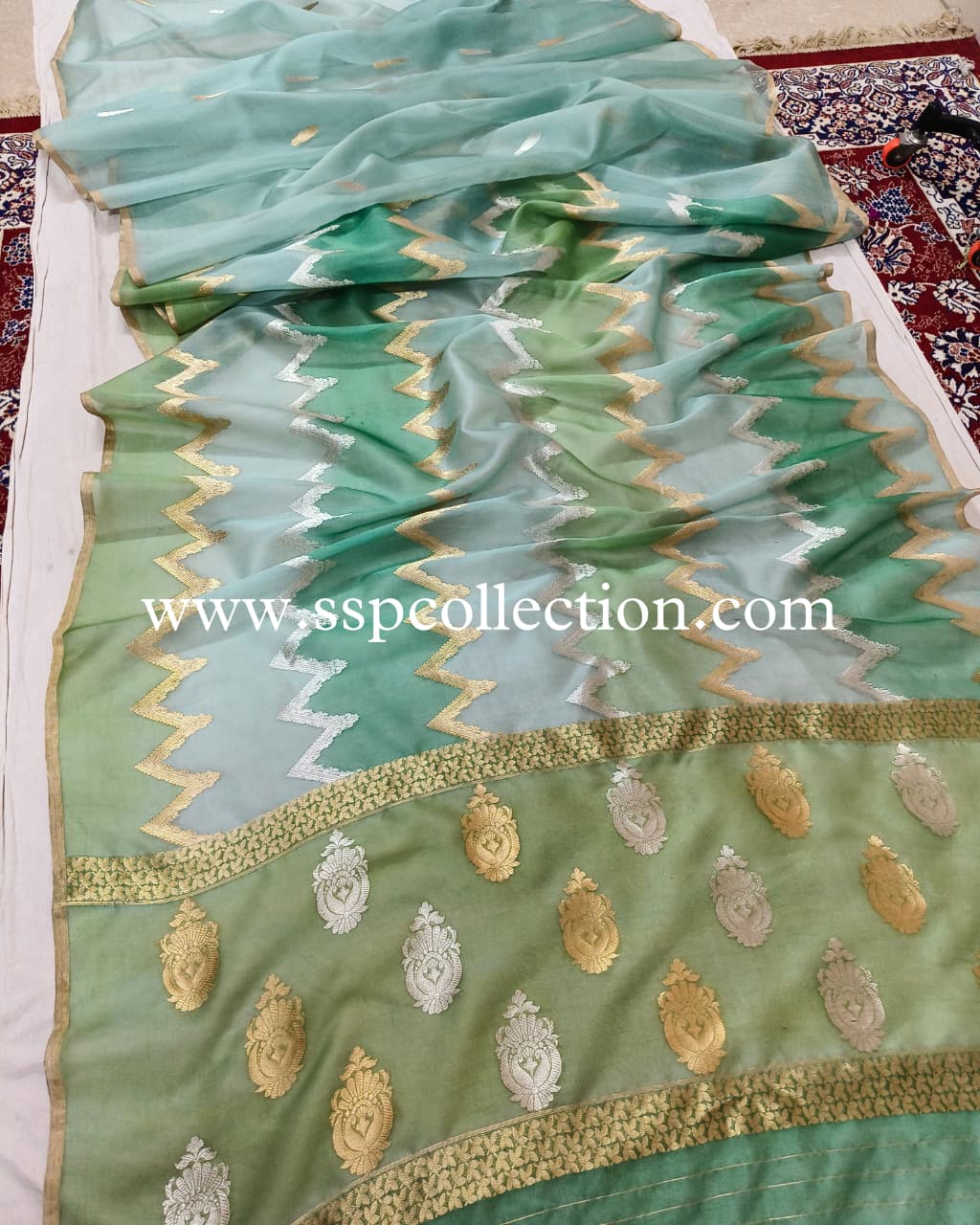 Light-Sea-Green Pure Kora Silk Rangkaat Banarasi Saree