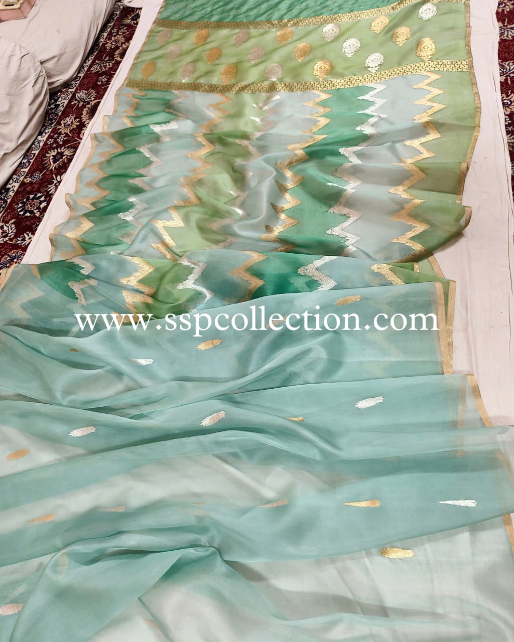 Light-Sea-Green Pure Kora Silk Rangkaat Banarasi Saree