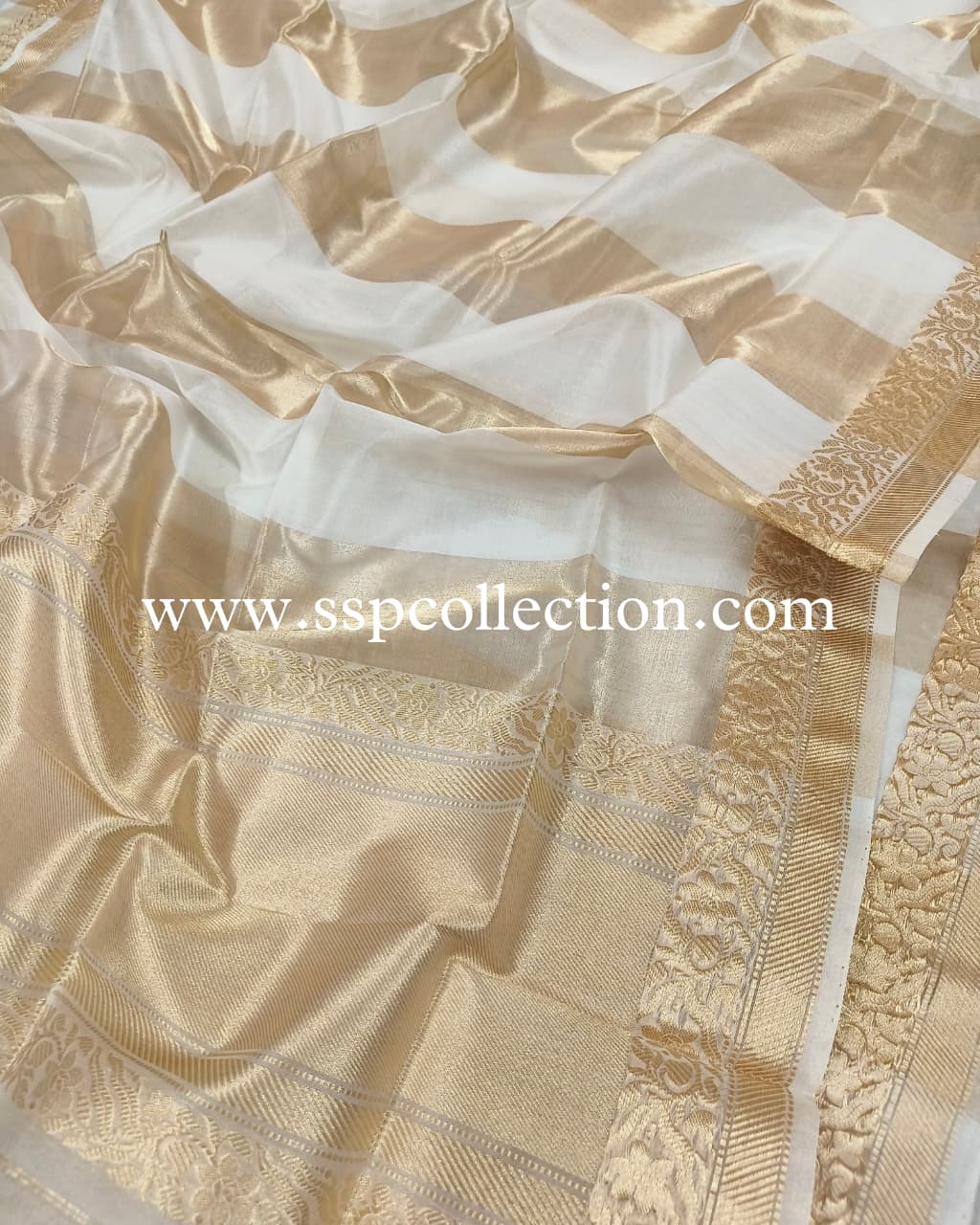 White & Gold Pure Kora Tissue Silk Banarasi Dupatta