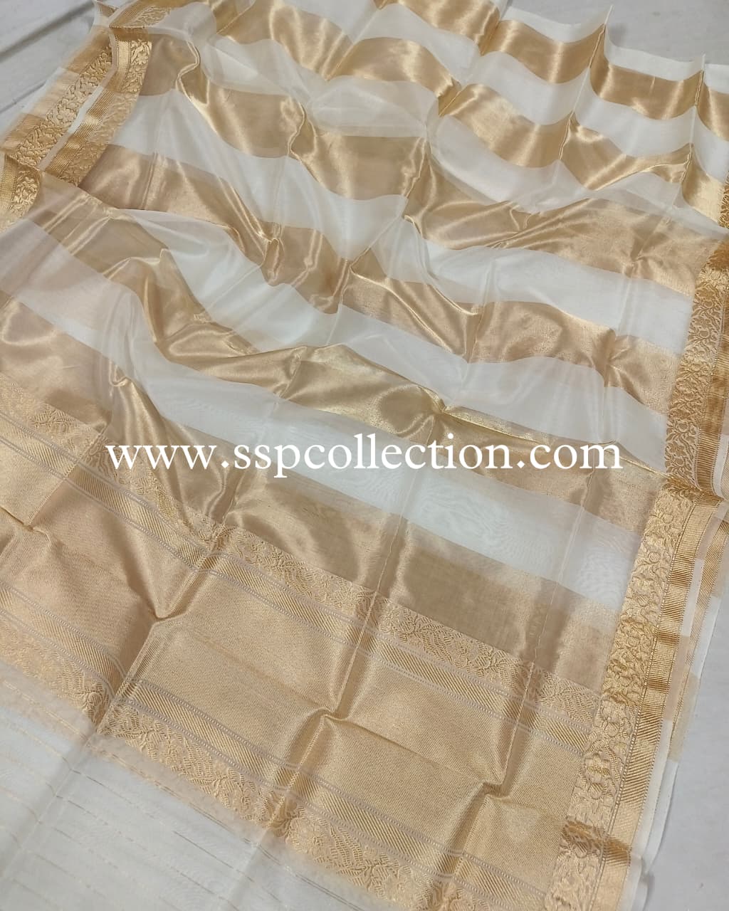 White & Gold Pure Kora Tissue Silk Banarasi Dupatta