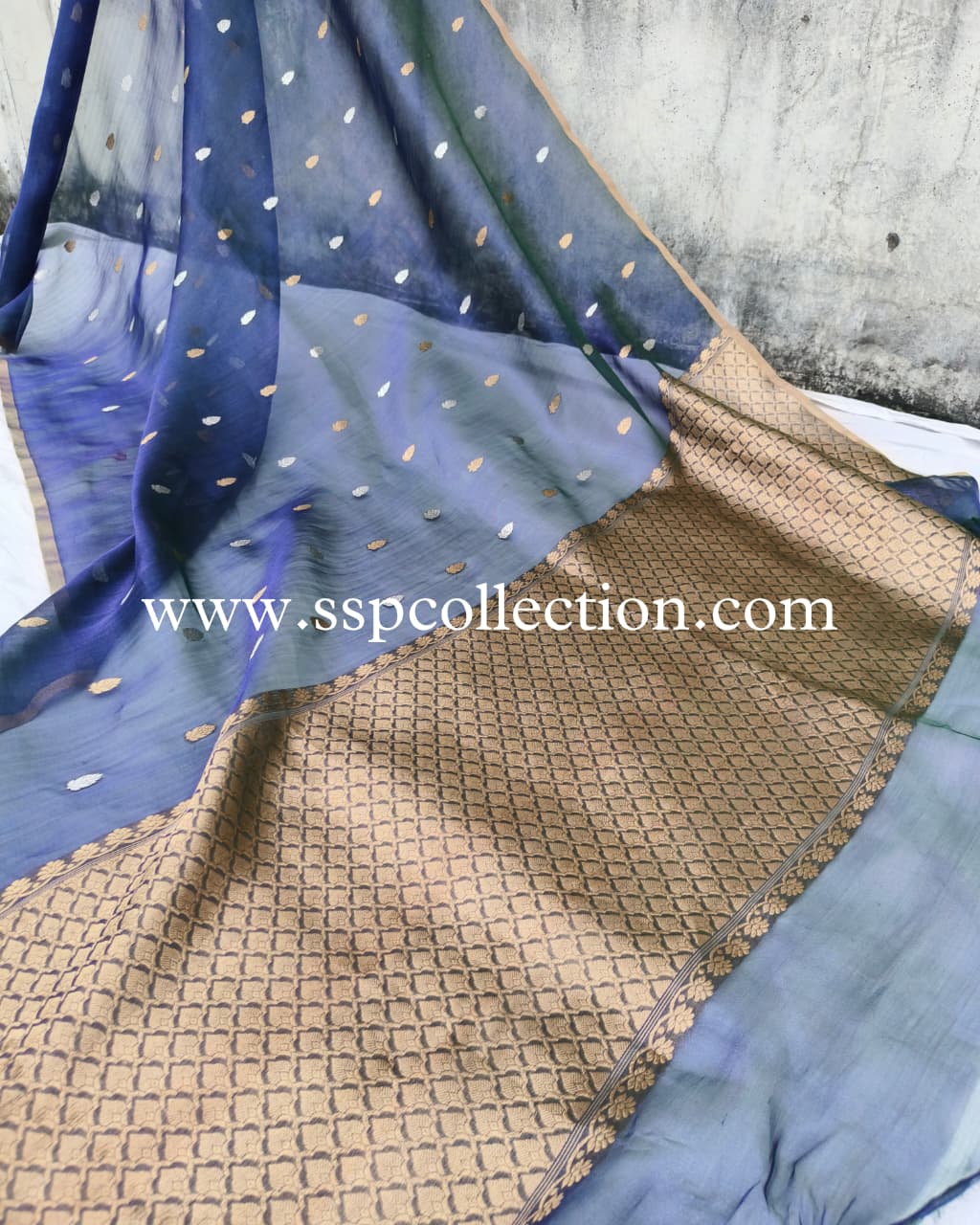 Peacock-Blue Pure Tissue Silk Banarasi Saree