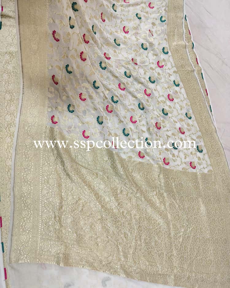 White Pure Georgette Banarasi Saree