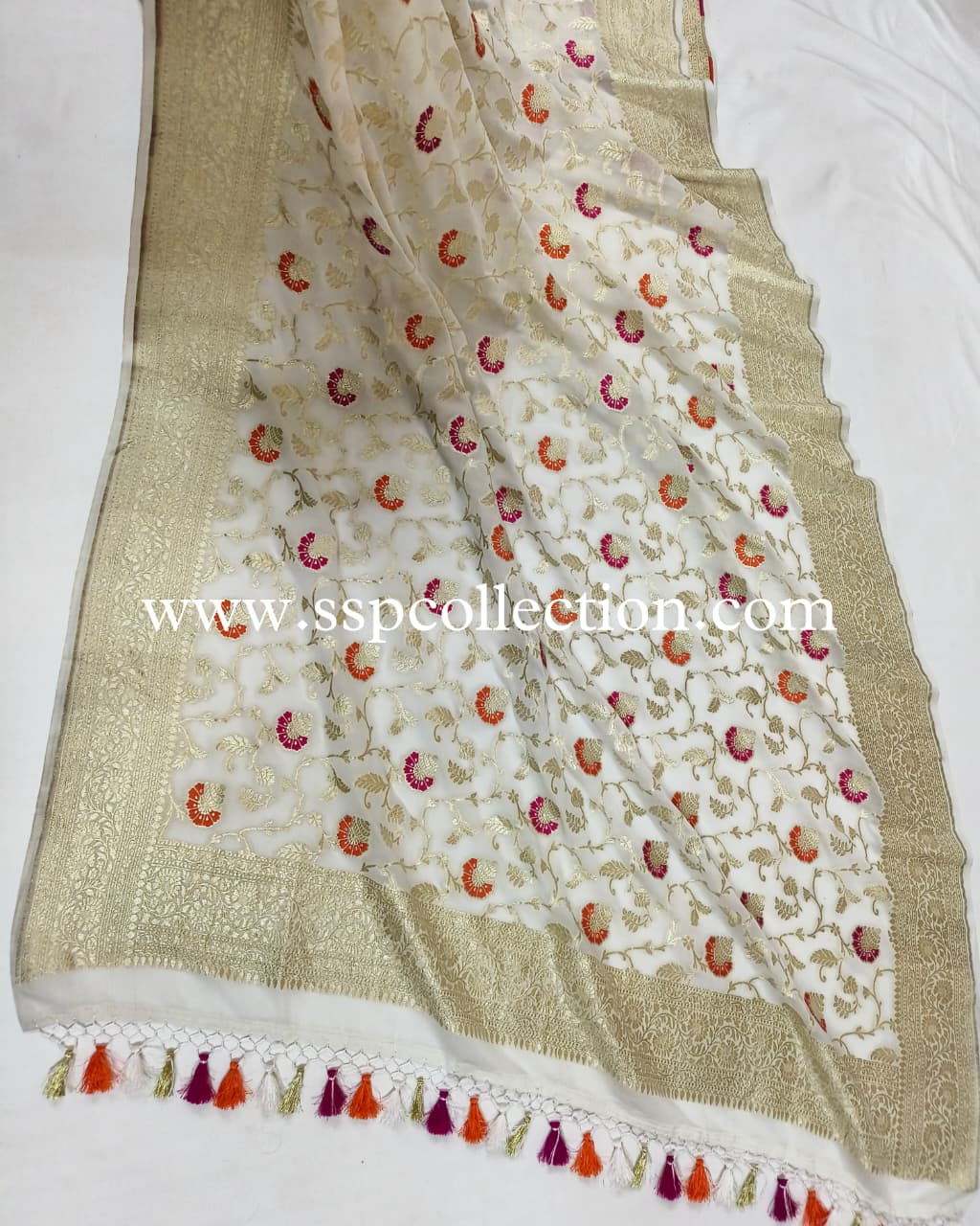 White Banarasi Pure Georgette Meenakaari Dupatta