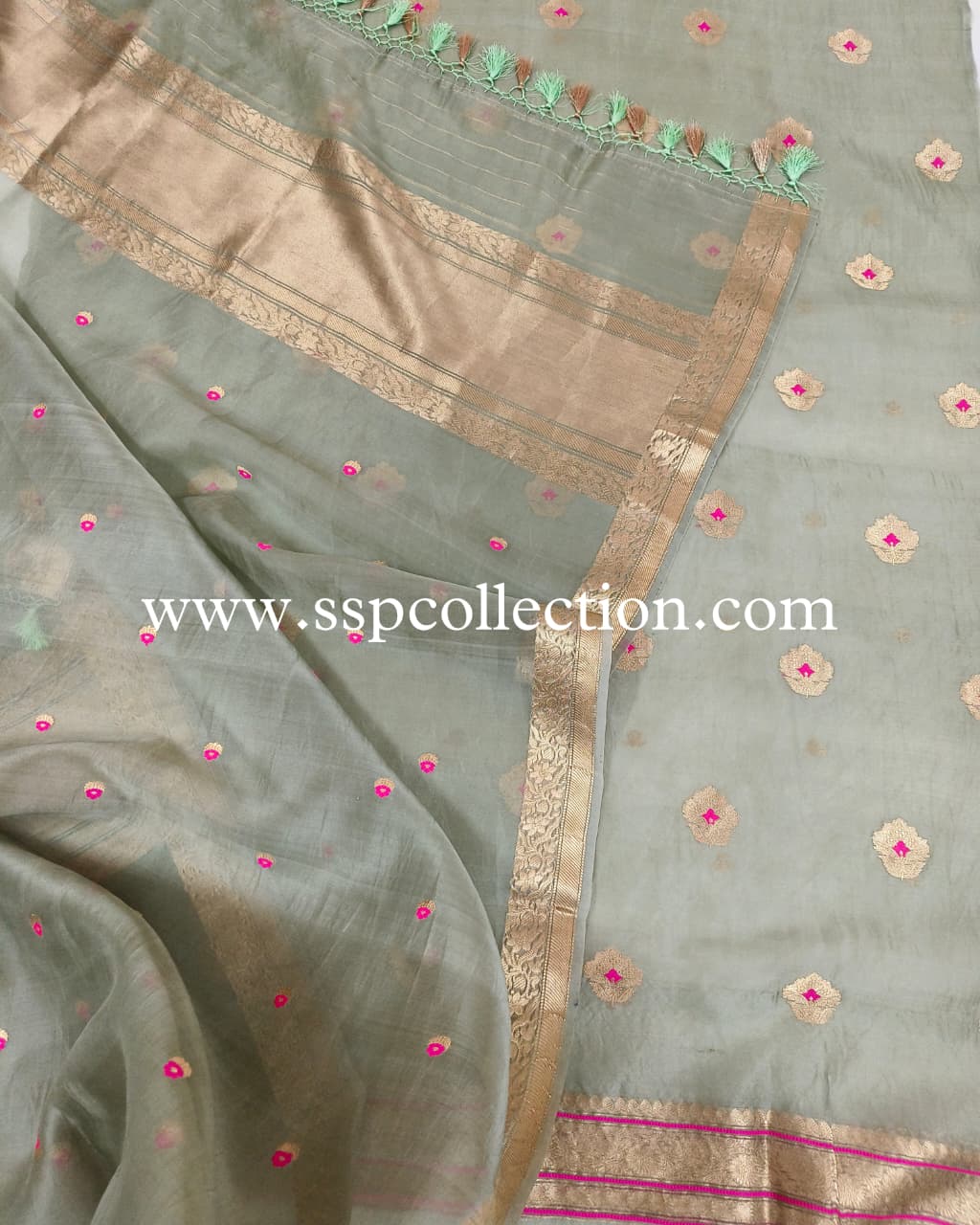 Greenish-Grey Pure Kora Silk Meenakaari Banarasi Suit