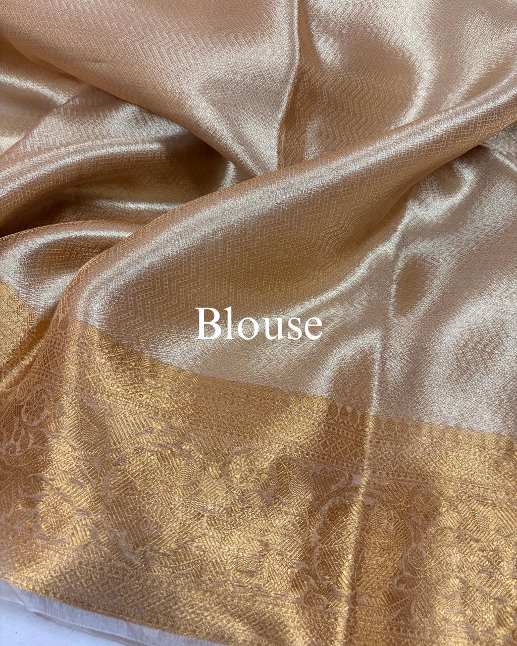 Natural-Gold Pure Molten Tissue Silk Brocade Banarasi Saree