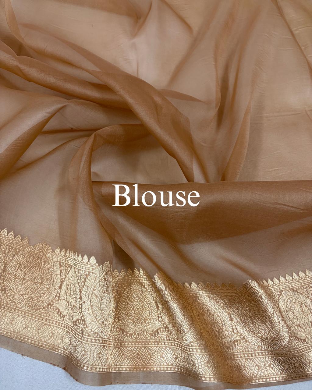 Beige-Gold Pure Kora Silk Tilfi Banarasi Saree