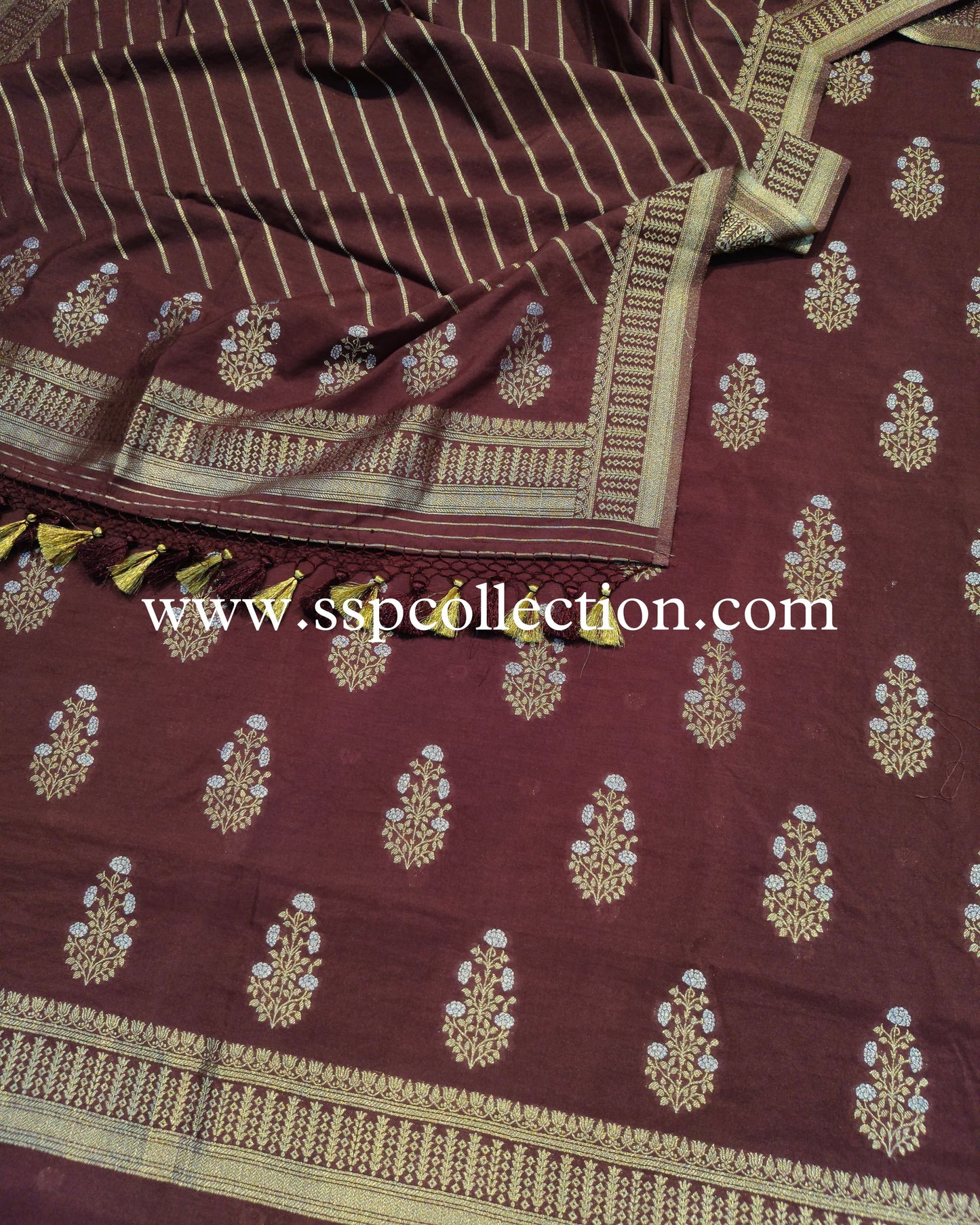 Wine Banarasi Premium Cotton Silk Suit.
