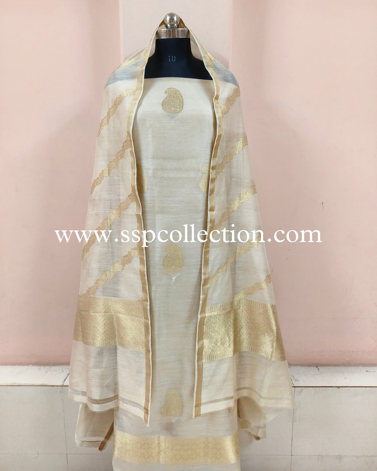 Beige Pure Moonga Silk Banarasi Suit