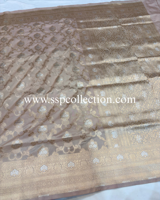 Beige Pure Katan Silk Alfi Banarasi Saree