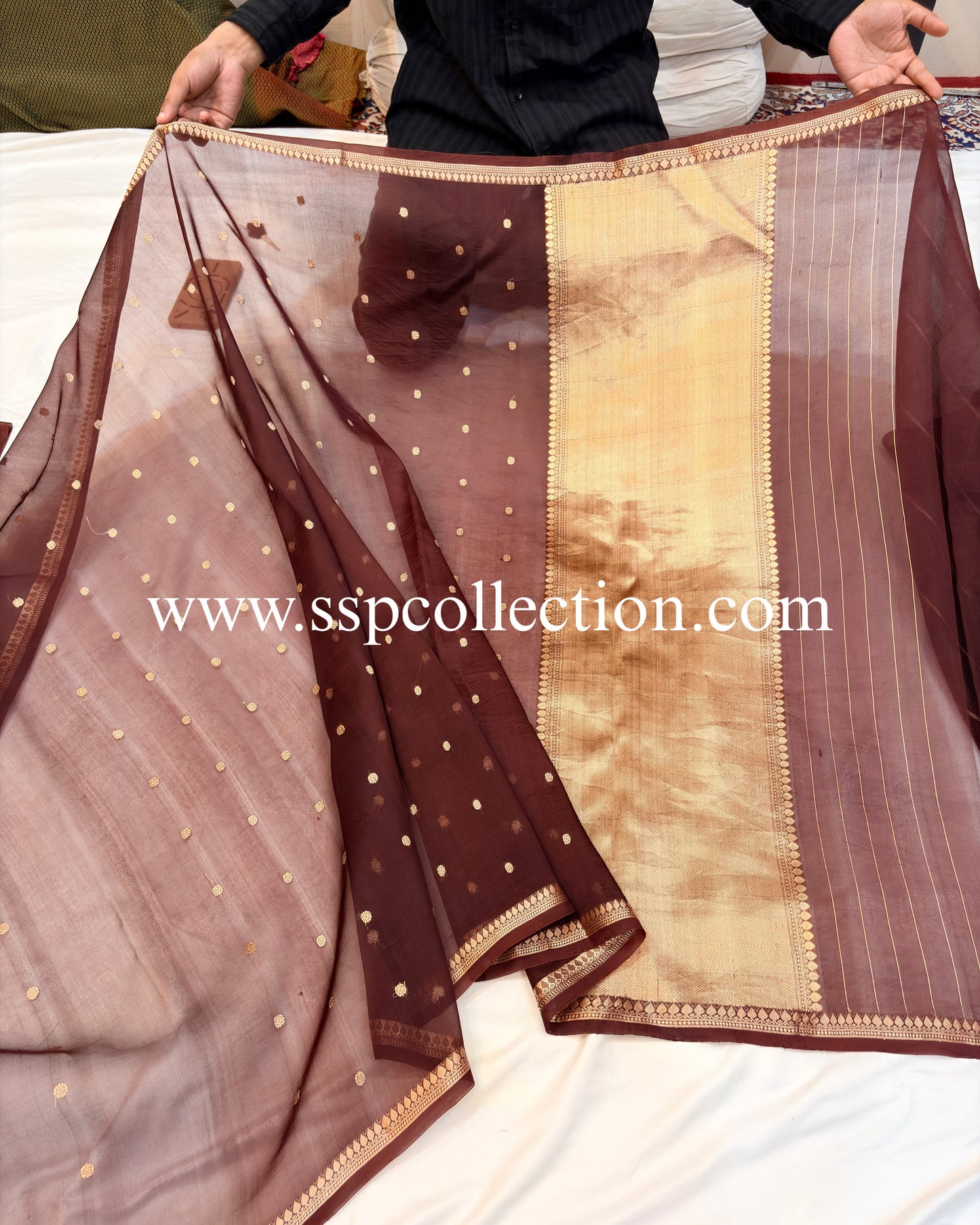 Deep-Brown Pure Kora Silk Banarasi Saree