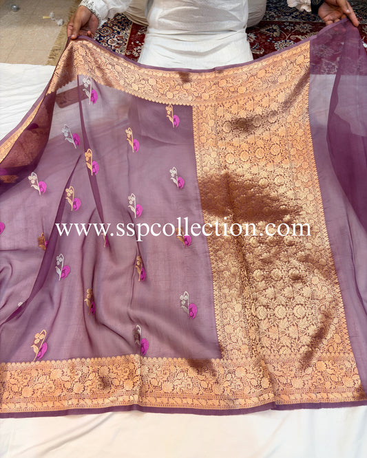 Burgundy Pure Kora Silk Banarasi Saree