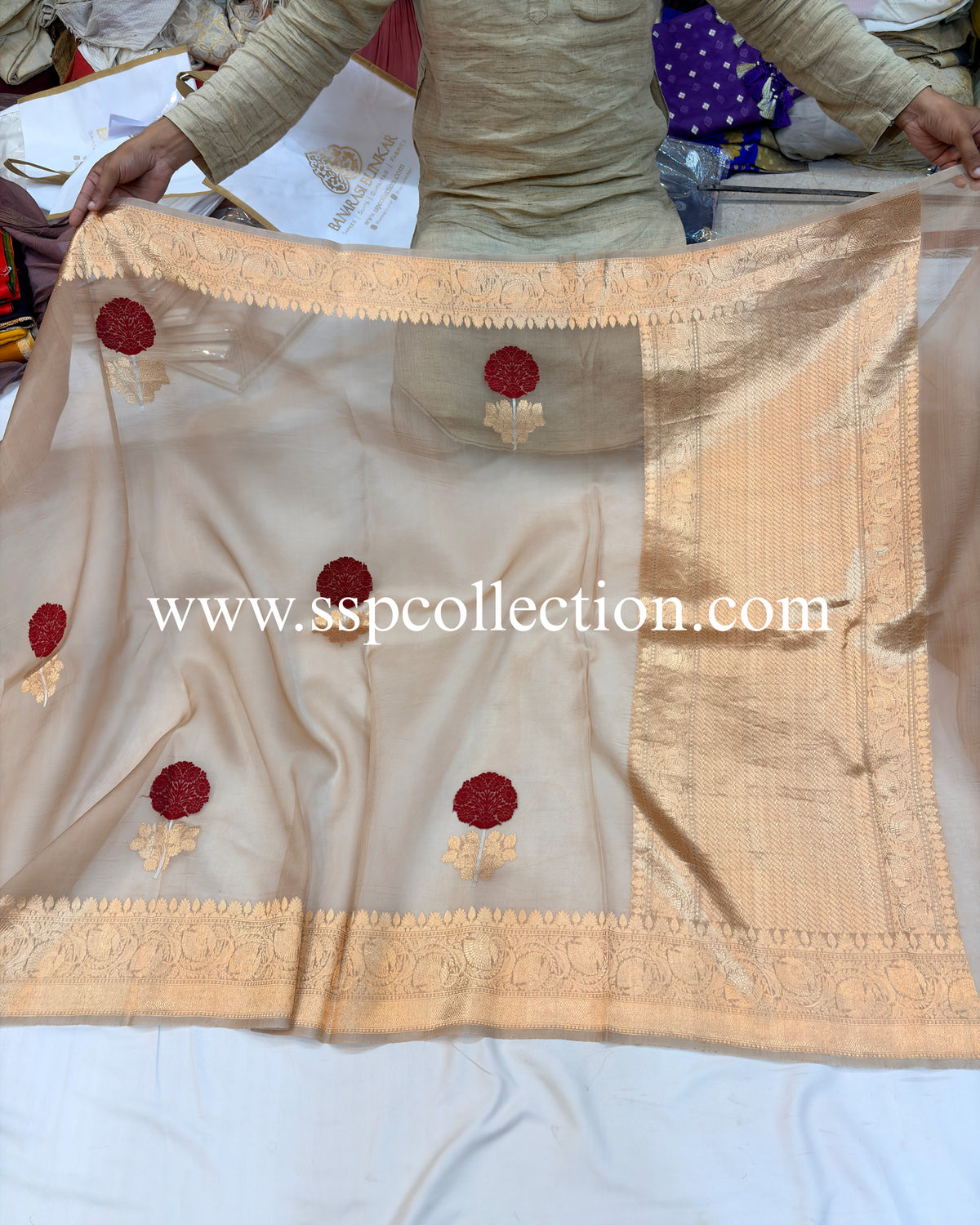 Beige-Gold Pure Kora Silk Tilfi Banarasi Saree