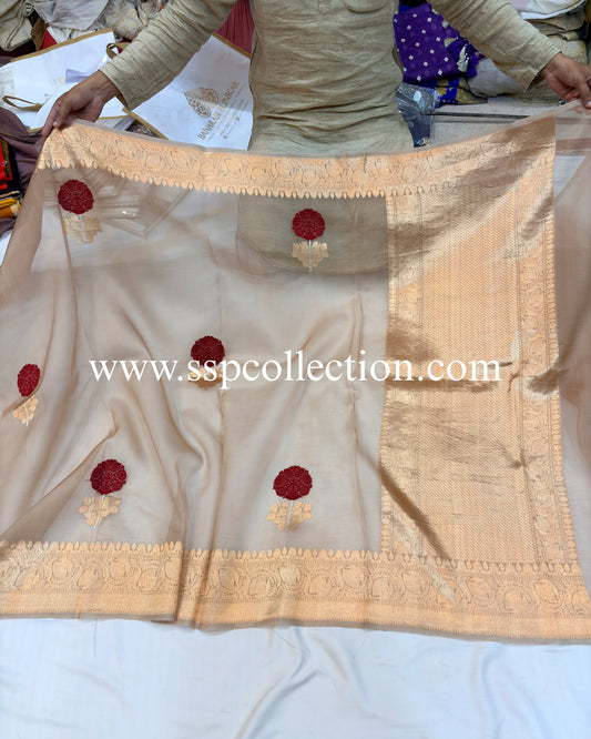 Beige-Gold Pure Kora Silk Tilfi Banarasi Saree
