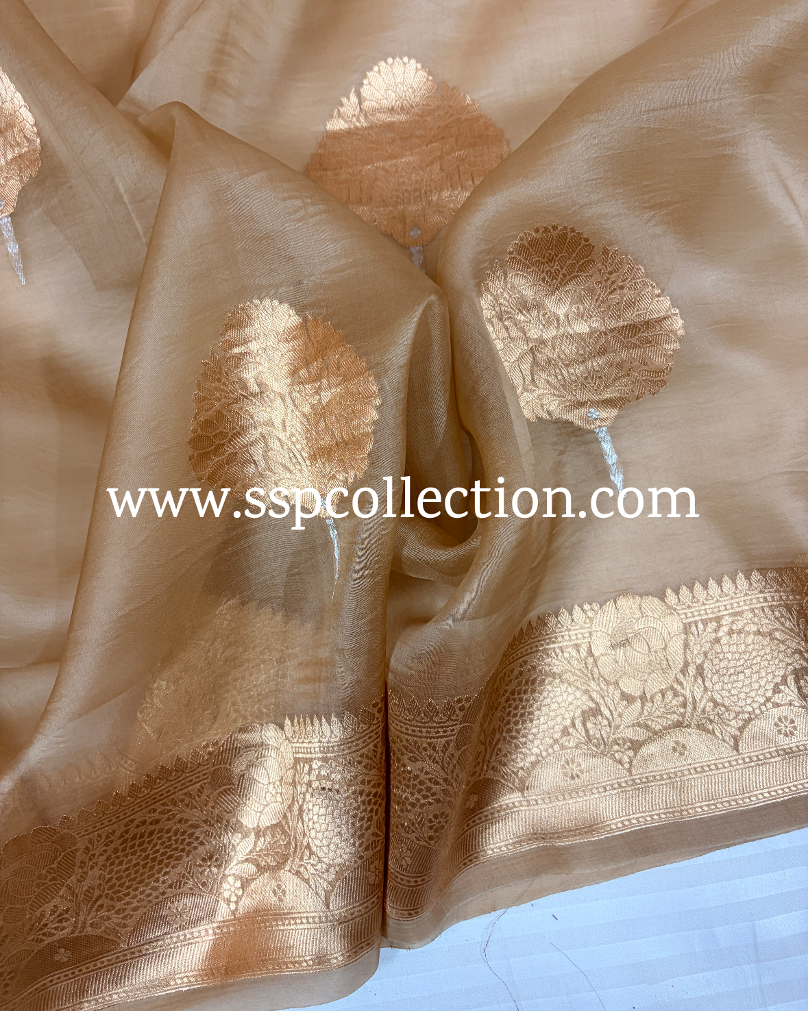 Beige-Gold Pure Kora Silk Banarasi Saree