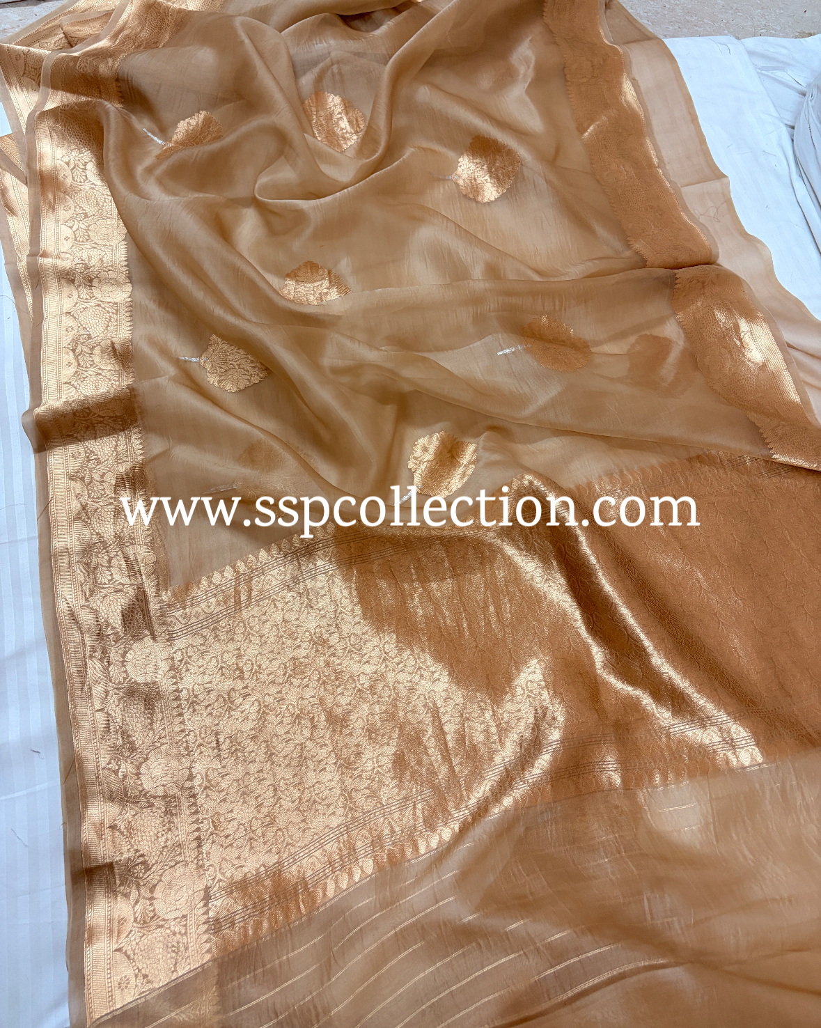 Beige-Gold Pure Kora Silk Banarasi Saree