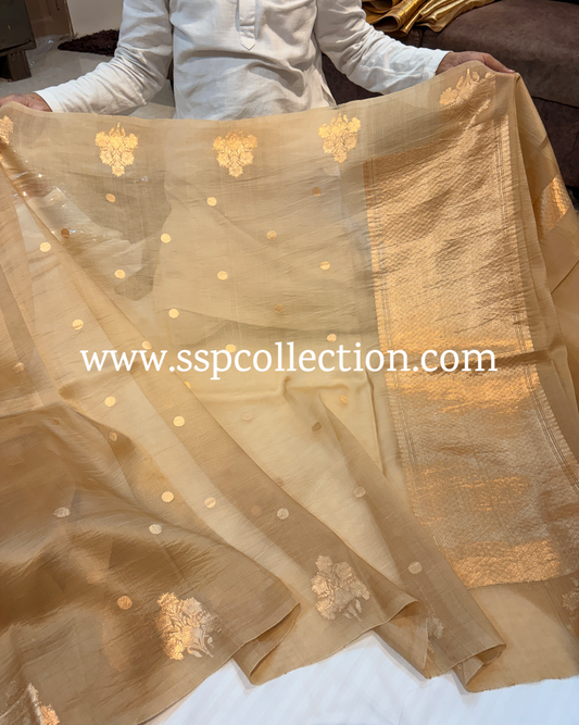 Beige-Gold Pure Kora Silk Banarasi Saree
