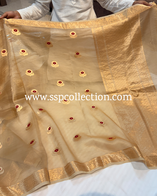 Beige-Gold Pure Kora Silk Banarasi Saree
