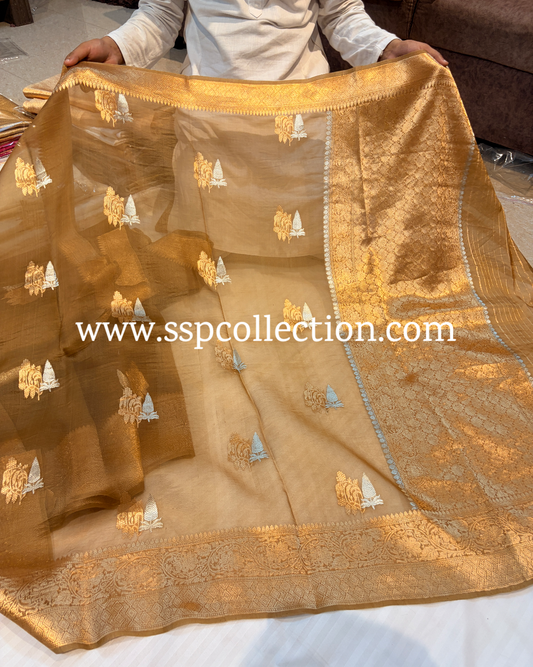 Dark-Beige-Gold Pure Kora Silk Banarasi Saree