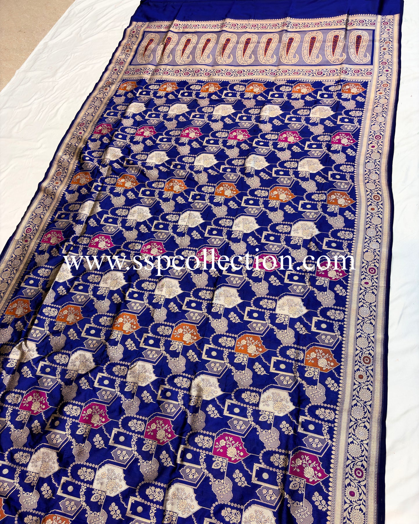 Navy-Blue Pure Katan Silk Meenakaari Banarasi Saree