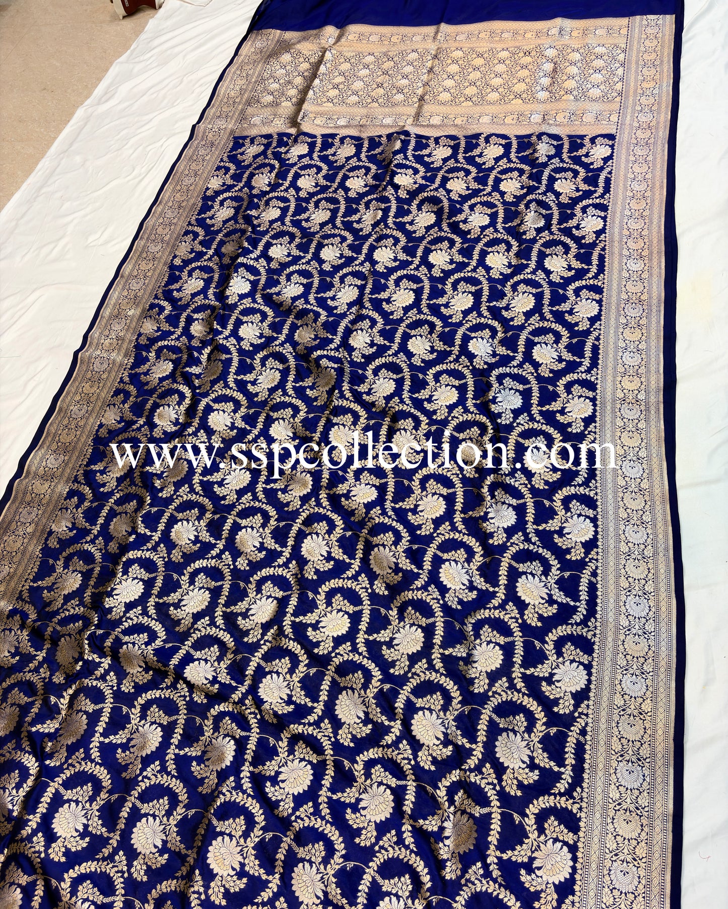 Navy-Blue Pure Katan Silk Alfi Banarasi Saree