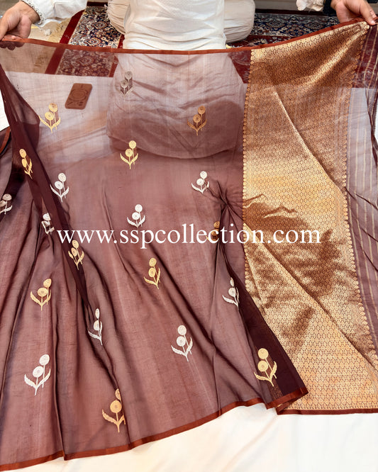 Wine Pure Kora Silk Banarasi Saree