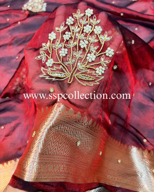 Red-Black Pure Tissue Silk Zardozi Banarasi Saree