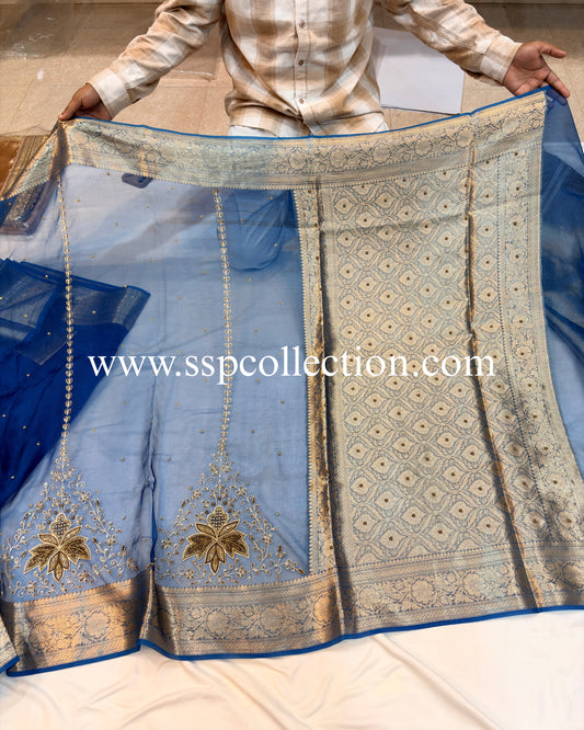 Yale-Blue Pure Tissue Silk Zardozi Banarasi Saree