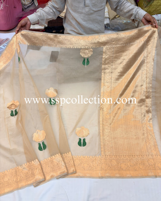 Beige-Gold Pure Kora Silk Tilfi Banarasi Saree